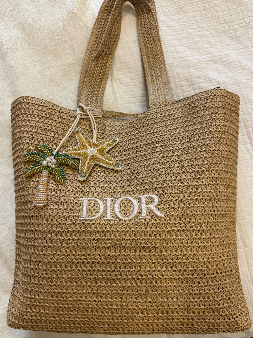 Dior Tan Raffia Tote w/ Matching Pouch & Palm tree and Starfish charms - Picture 2 of 2